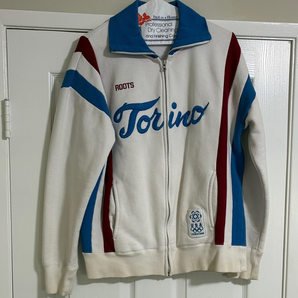 Roots White, Blue, and Red Bomber Jacket